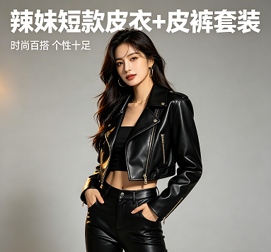 辣妹短款皮衣 + 皮裤套装