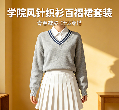 学院风针织衫百褶裙套装